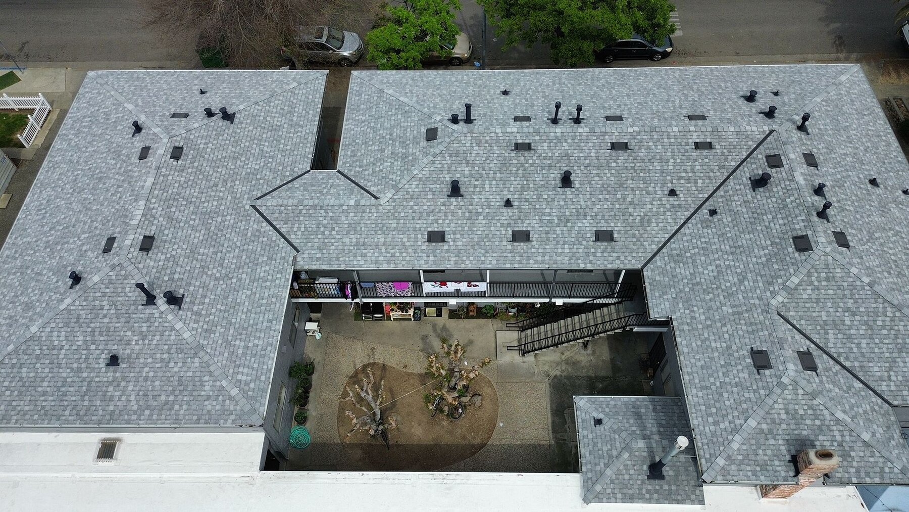 Multi-unit apartment reroof aerial — San Jose